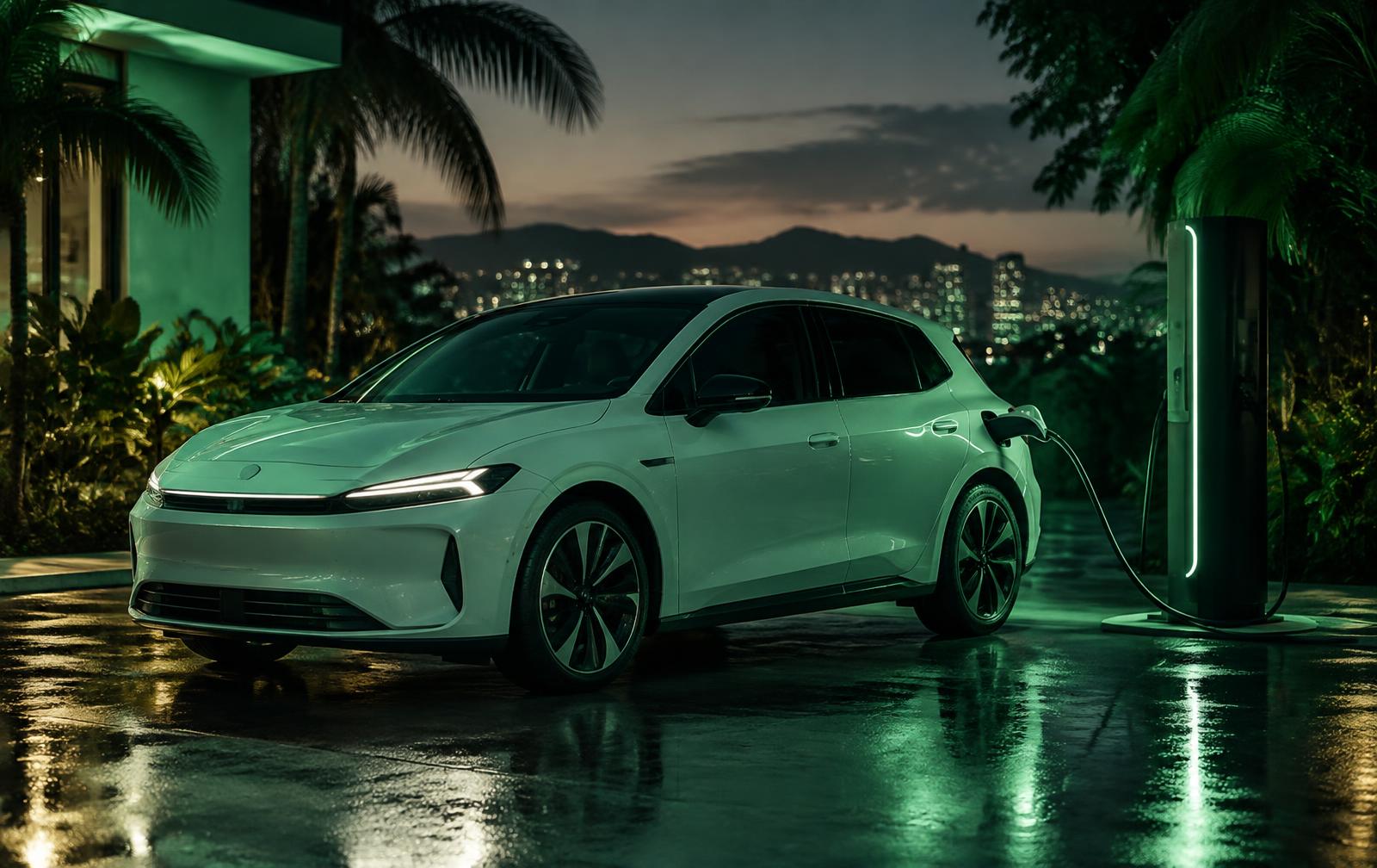 Carro elétrico branco carregando em estação de recarga ao anoitecer